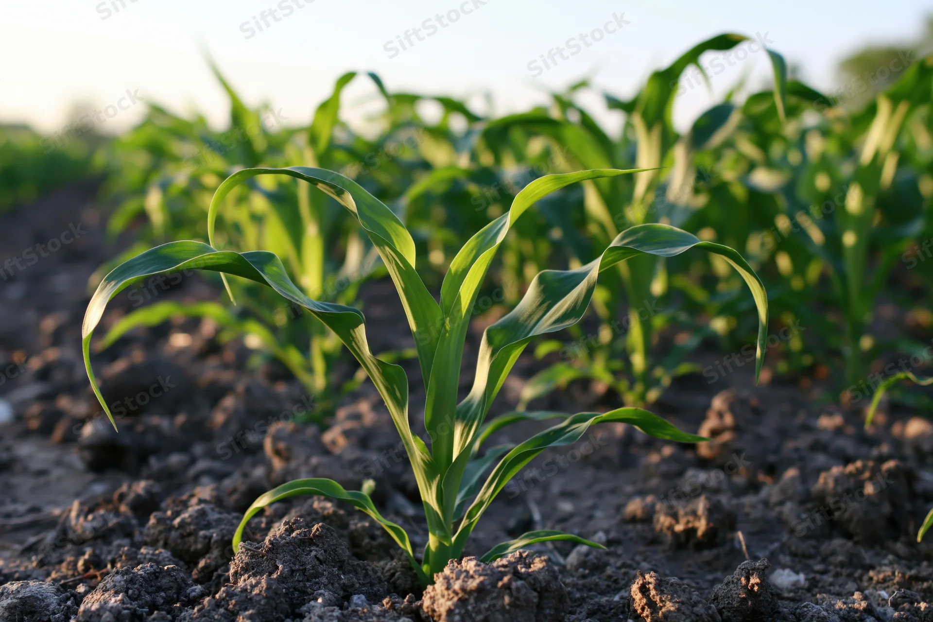 Young corn plants growing in a field with soil and sunlight