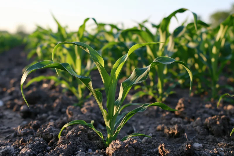 Young corn plants growing in a field with soil and sunlight