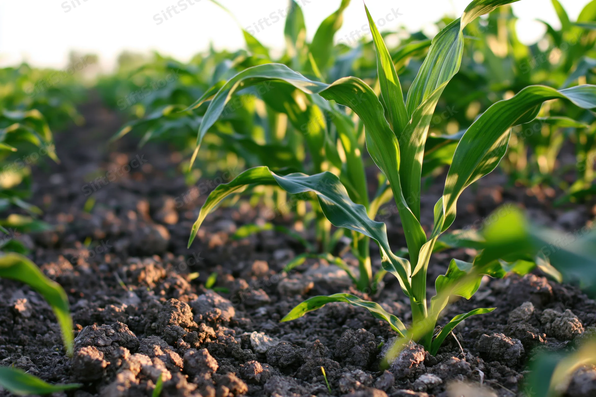 Young corn plants growing in rows in a cultivated field at sunrise