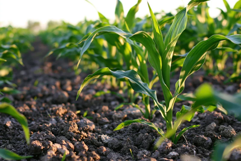 Young corn plants growing in rows in a cultivated field at sunrise