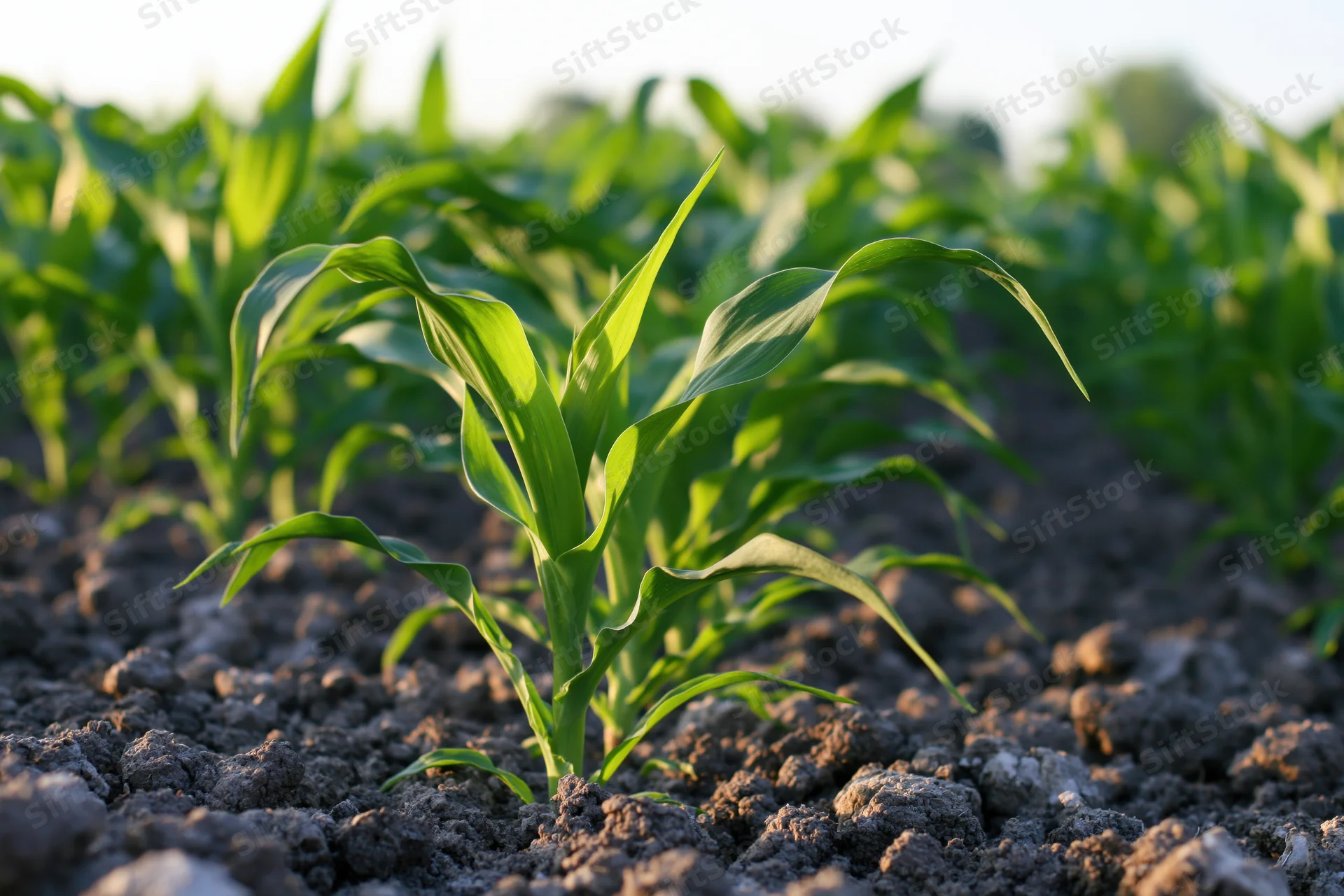 Young corn plants growing in rows in a field under sunlight