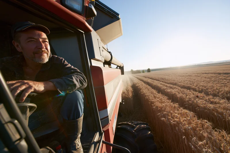 Farmer smiling from combine harvester cab during wheat harvest in golden field