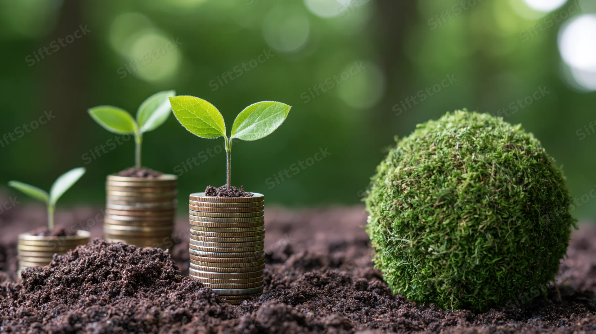 Young plants growing from stacks of coins in soil beside a moss-covered sphere in a forest setting