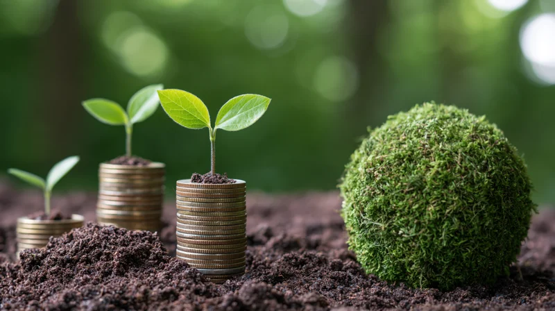 Young plants growing from stacks of coins in soil beside a moss-covered sphere in a forest setting