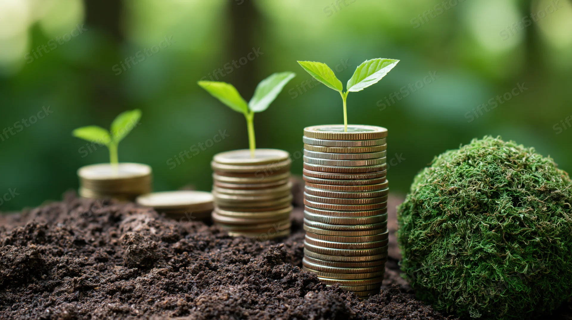 Stacks of coins with sprouting plants growing from soil in a natural setting