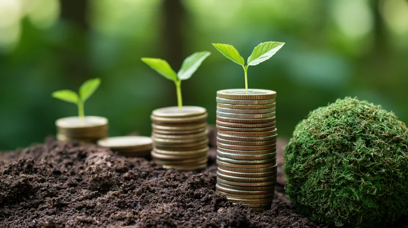 Stacks of coins with sprouting plants growing from soil in a natural setting