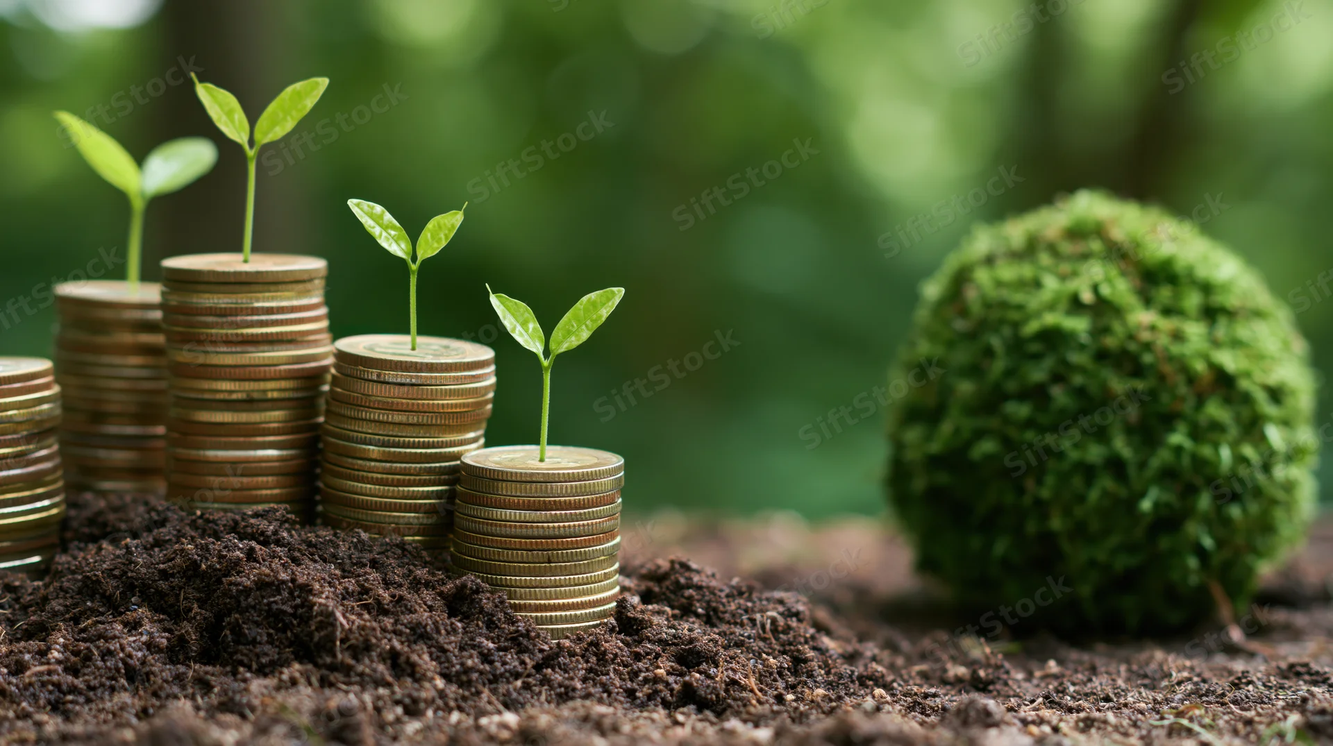 Stacks of coins with sprouting plants growing from soil in a natural outdoor setting