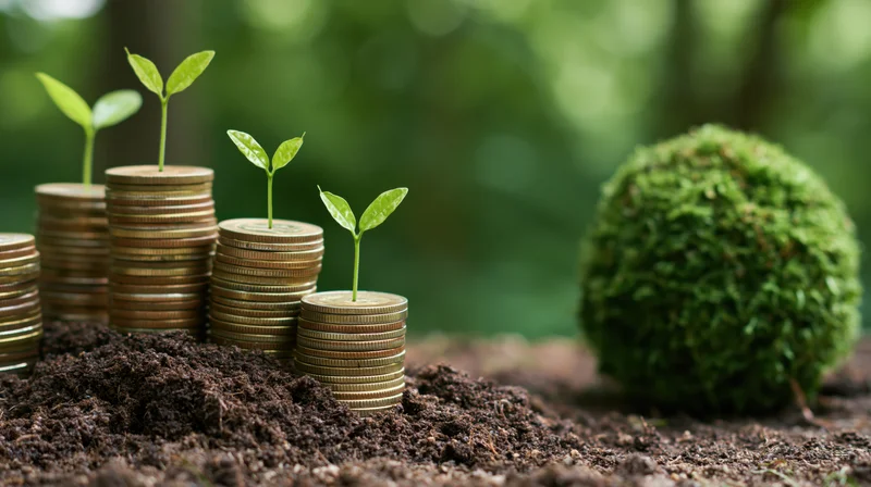 Stacks of coins with sprouting plants growing from soil in a natural outdoor setting