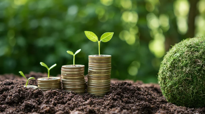 Stacks of coins with sprouting plants growing from them in soil beside a moss ball outdoors