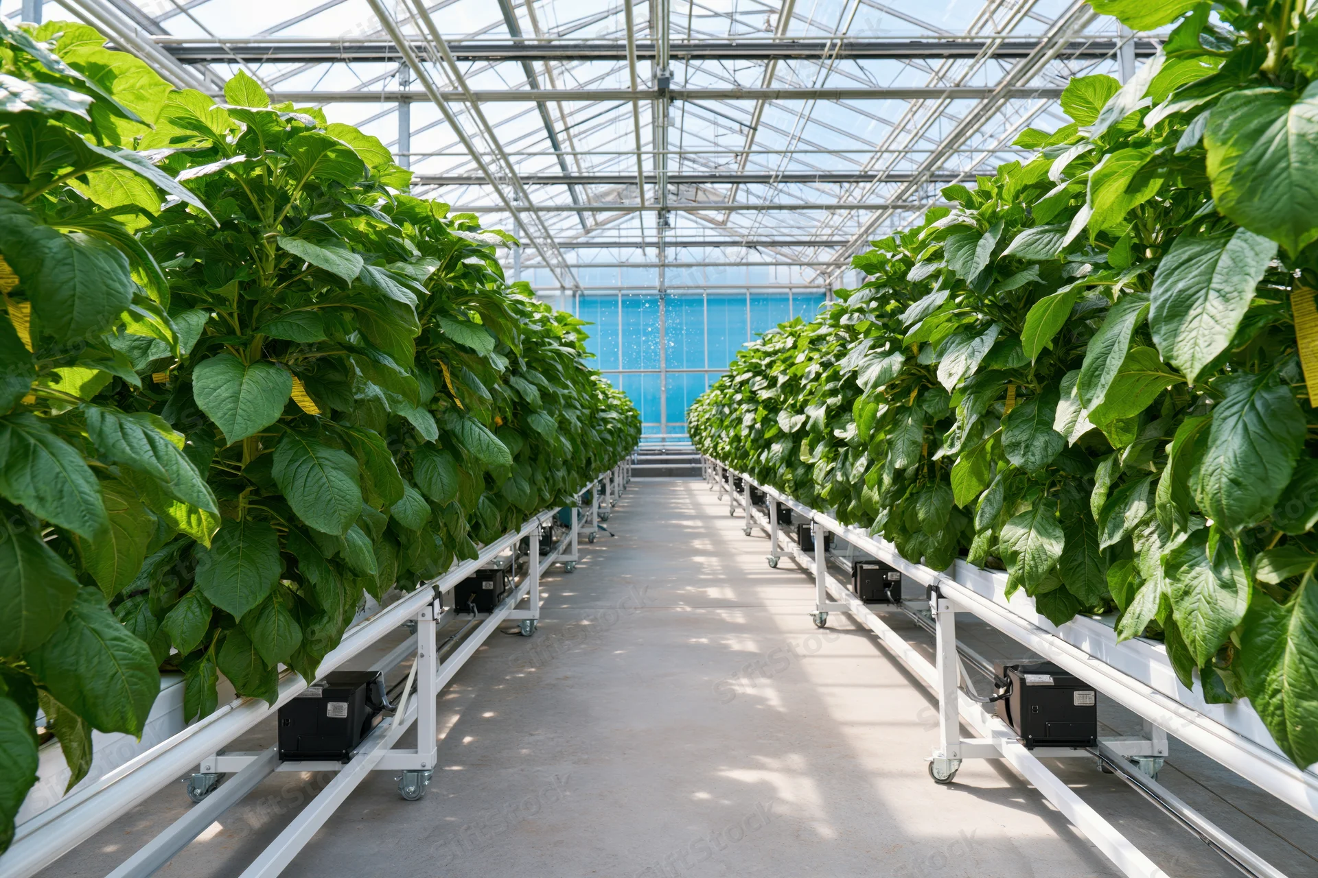 Rows of green leafy plants growing in hydroponic trays inside a large commercial greenhouse with transparent roof and metal framework