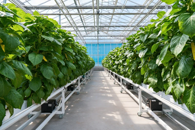 Rows of green leafy plants growing in hydroponic trays inside a large commercial greenhouse with transparent roof and metal framework