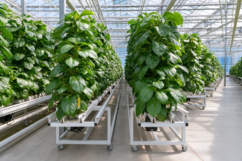 Rows of leafy green plants growing in hydroponic racks inside a large commercial greenhouse