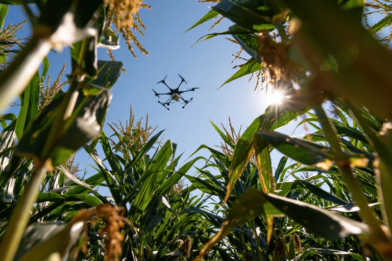 Drone flying over cornfield viewed from ground level through stalks and leaves under bright sun