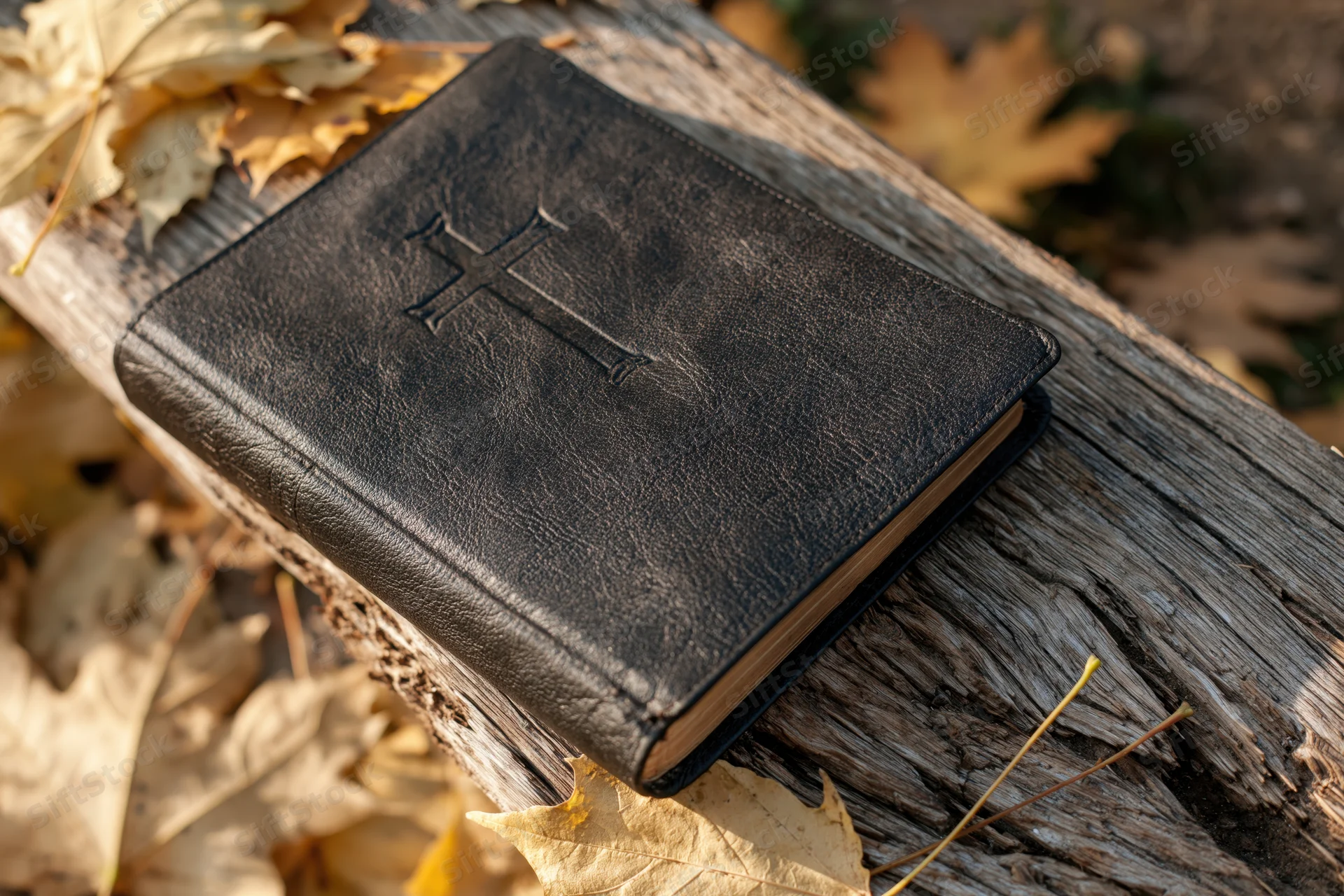 Black leather bible with embossed cross resting on weathered wooden log surrounded by autumn leaves