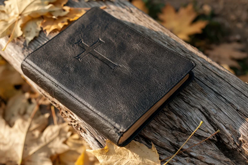 Black leather bible with embossed cross resting on weathered wooden log surrounded by autumn leaves