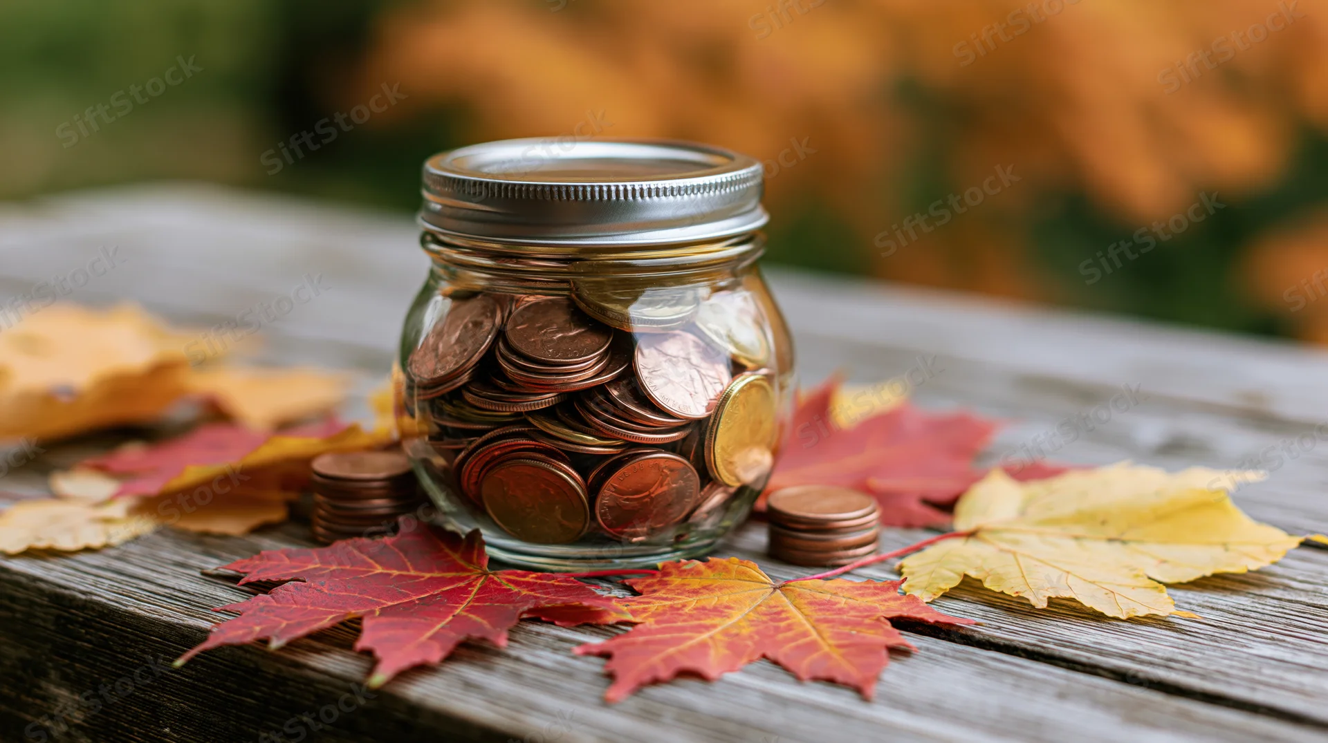 Glass jar filled with coins on a wooden table surrounded by autumn leaves