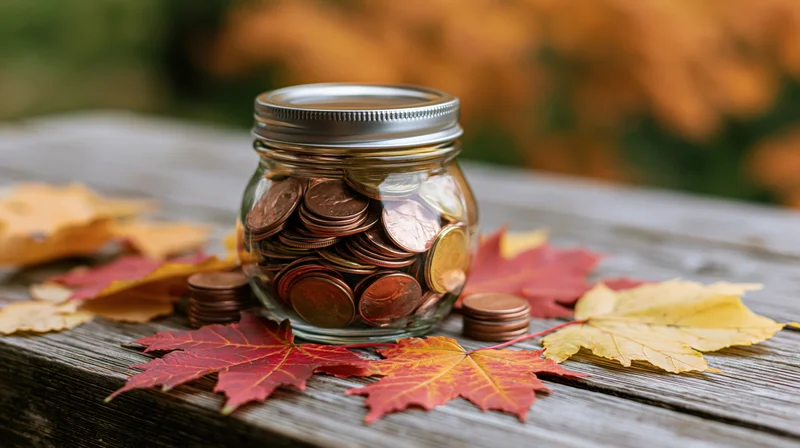Glass jar filled with coins on a wooden table surrounded by autumn leaves