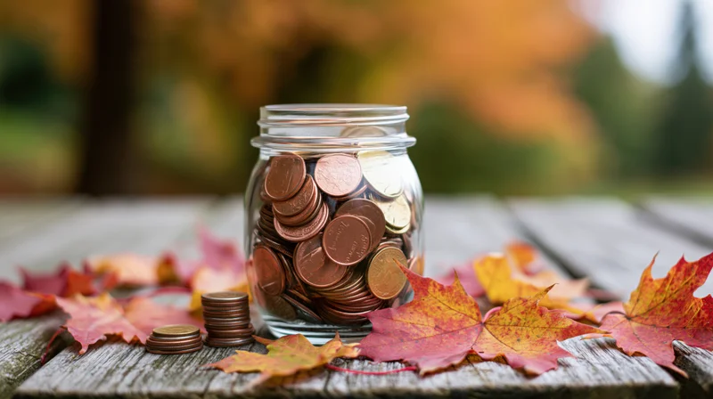 Glass jar filled with coins on a wooden table surrounded by autumn leaves