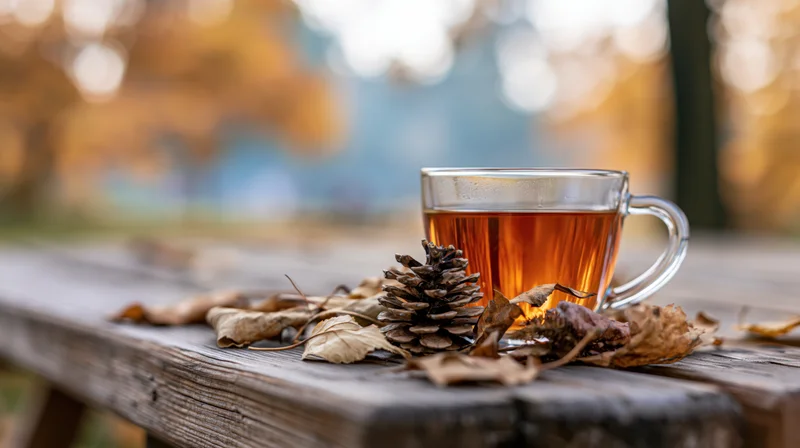 Glass mug of amber tea on weathered wooden picnic table surrounded by pinecone and dried leaves outdoors in autumn
