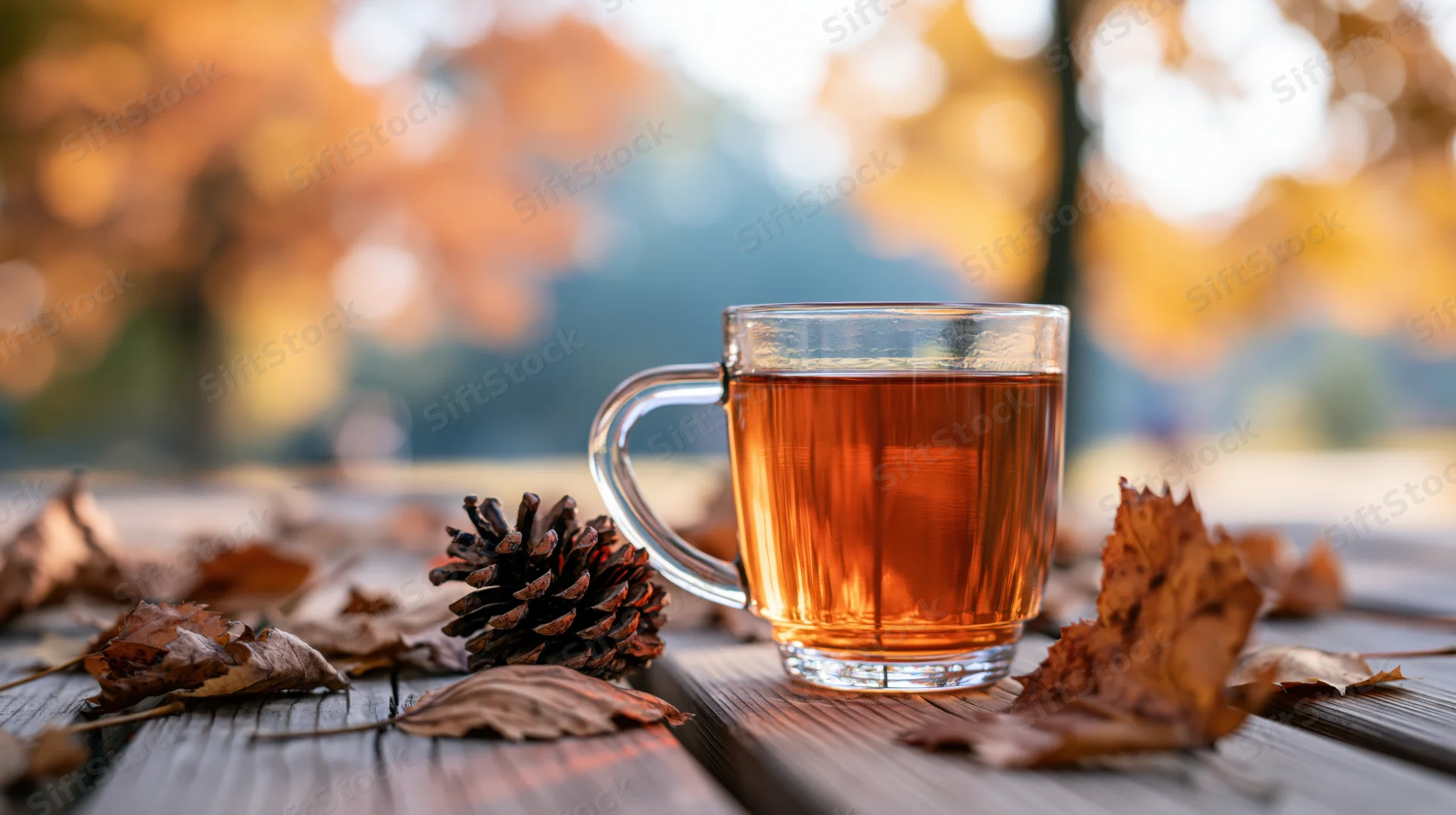 Glass mug of amber tea on a weathered wooden table surrounded by pinecones and fallen leaves in an autumn forest setting
