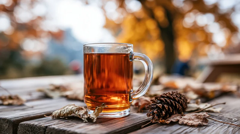 Glass mug of amber tea on weathered wooden table surrounded by pinecones and autumn leaves outdoors