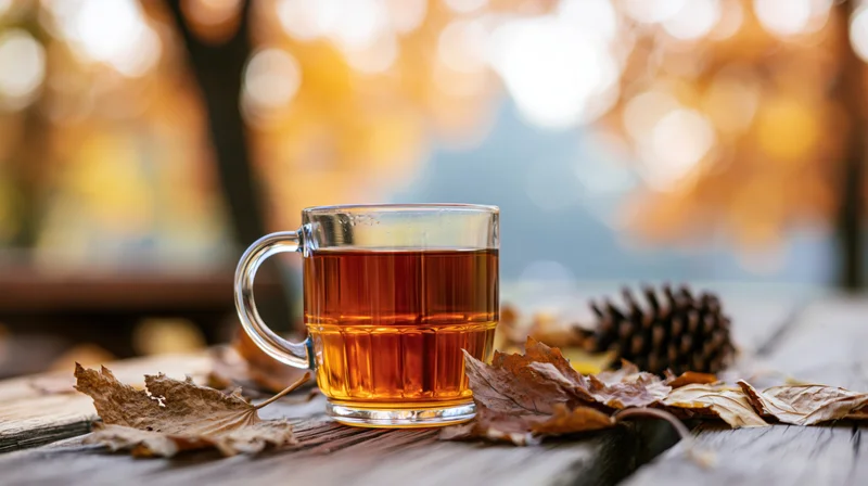 Glass mug of amber tea on weathered wooden table surrounded by autumn leaves and pinecone outdoors