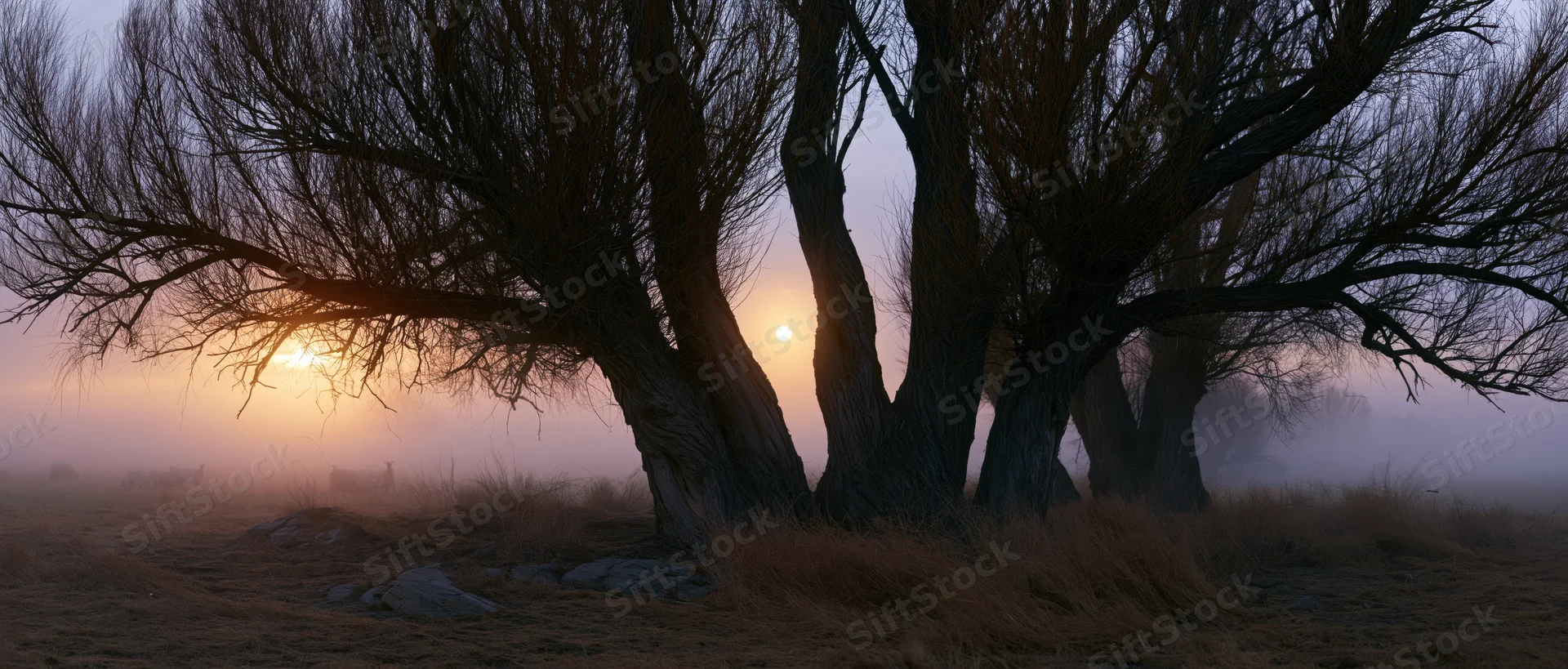 Gnarled bare willow trees silhouetted in a misty meadow at dawn