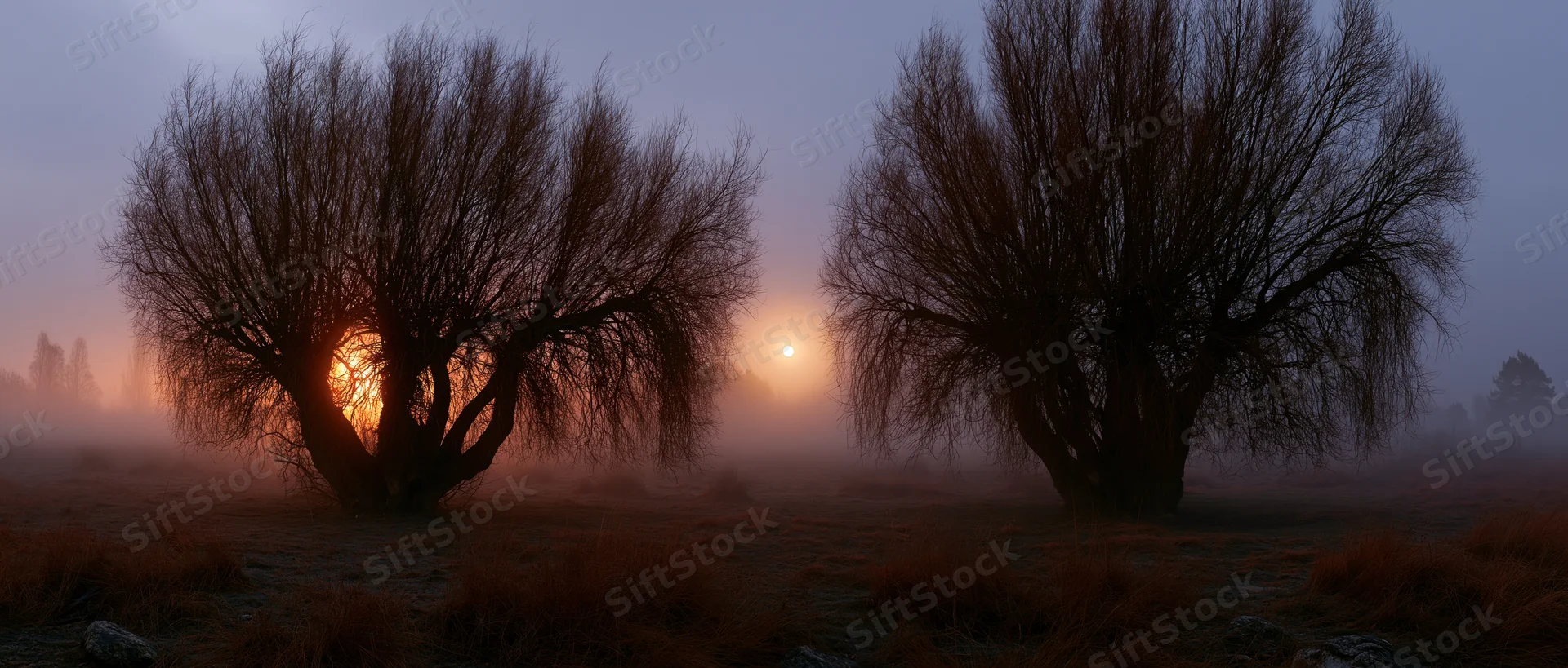 Gnarled bare willow trees silhouetted in a misty meadow at dawn