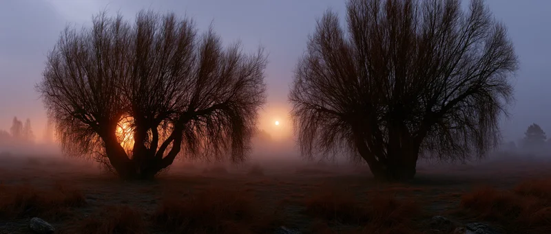 Gnarled bare willow trees silhouetted in a misty meadow at dawn