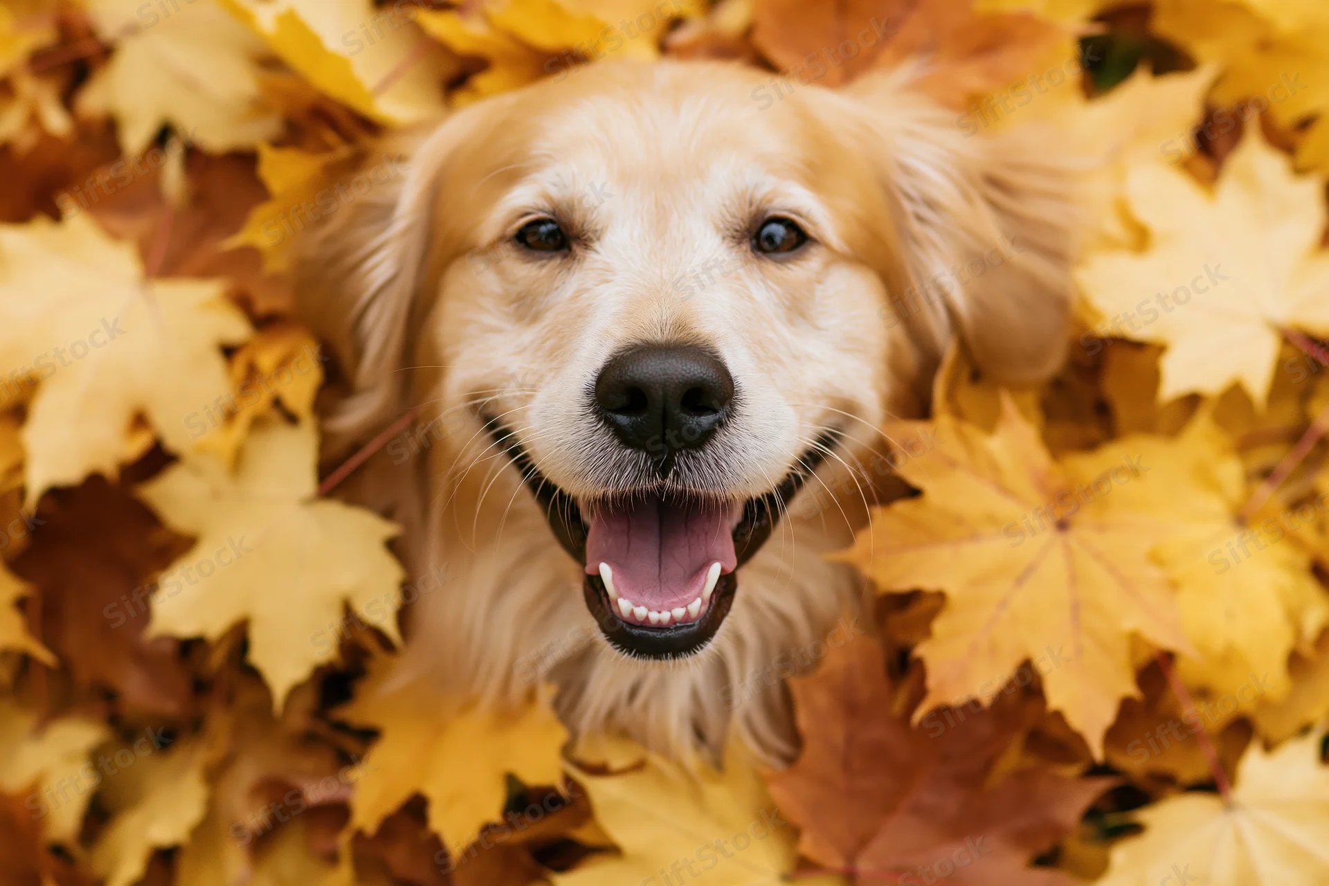 Golden retriever with head peeking through a pile of autumn leaves outdoors