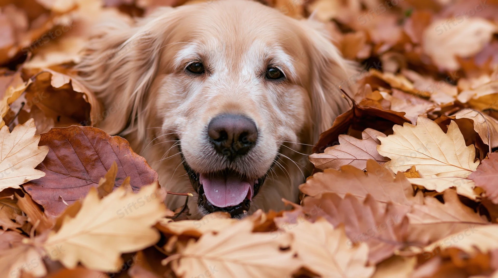 Golden retriever peeking head out of pile of fallen autumn leaves outdoors