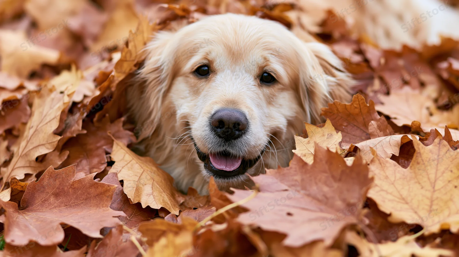 Golden retriever peeking from a pile of autumn leaves outdoors
