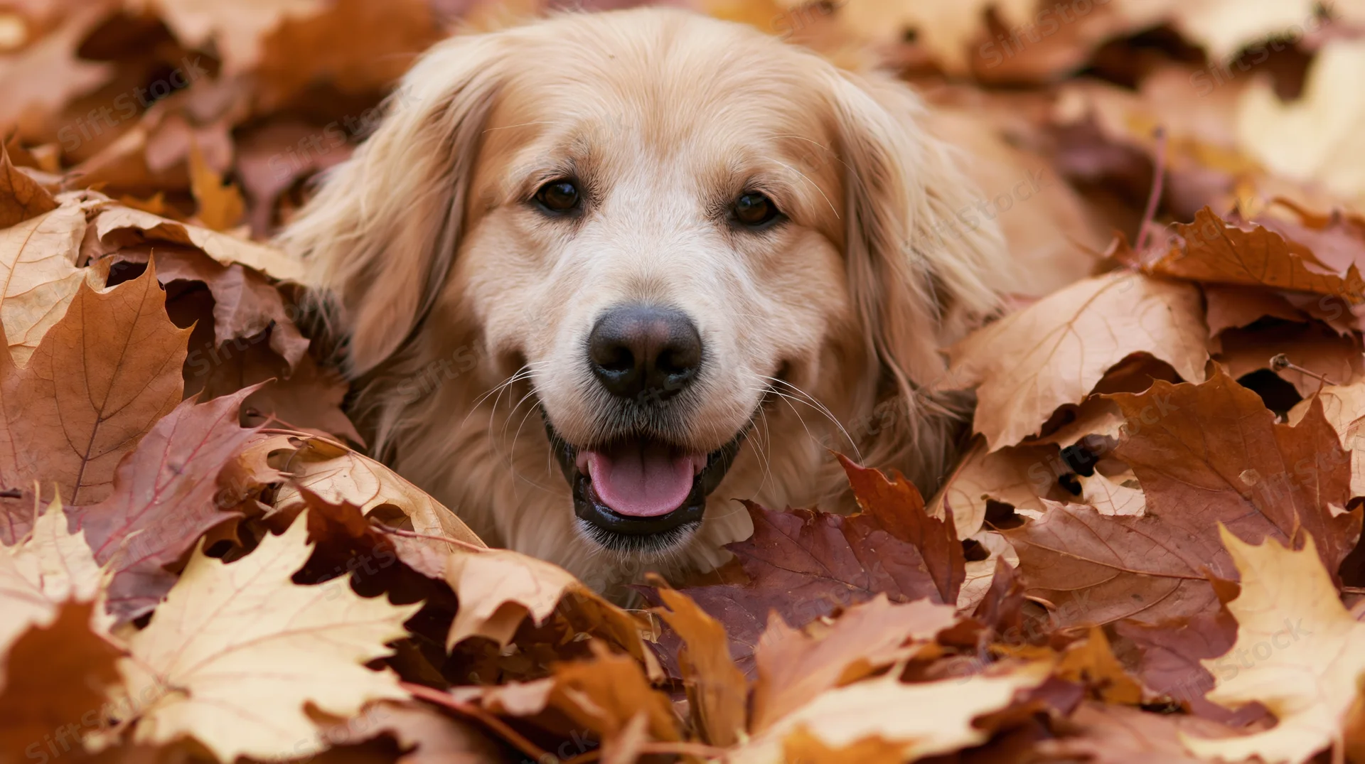 Golden retriever peeking head out of pile of fallen autumn leaves outdoors