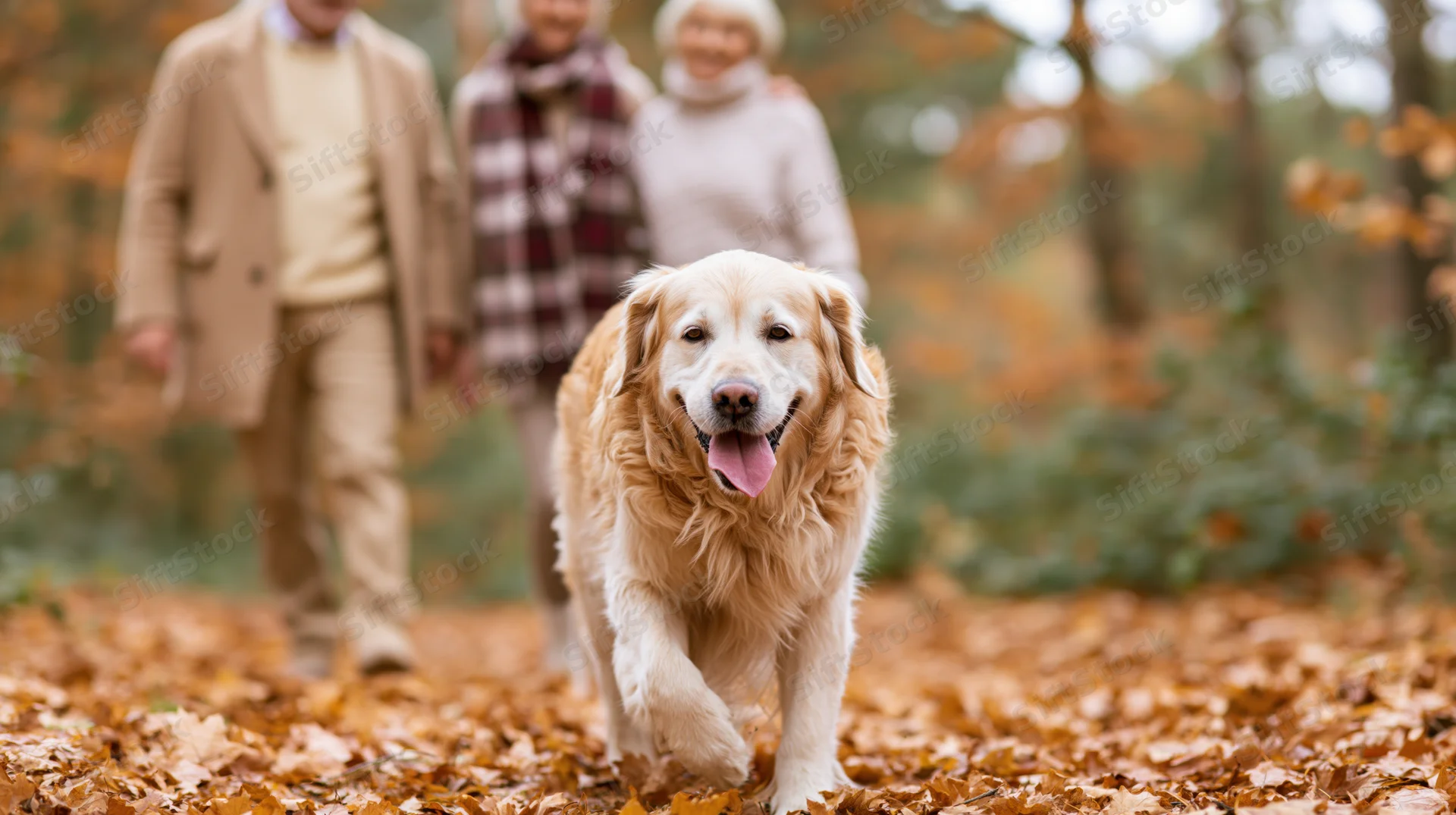 Golden retriever trotting toward camera with tongue out on leaf-covered forest path, seniors walking behind in autumn setting