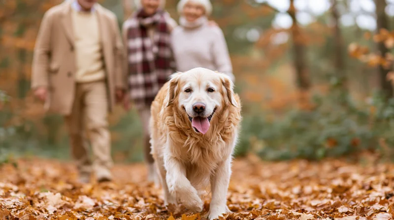 Golden retriever trotting toward camera with tongue out on leaf-covered forest path, seniors walking behind in autumn setting