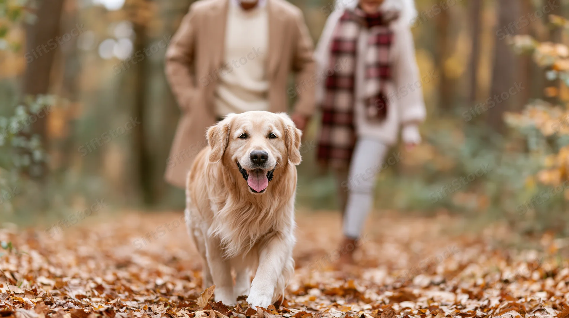 Golden retriever trotting toward camera with tongue out in autumn forest, couple walking behind on leaf-covered path