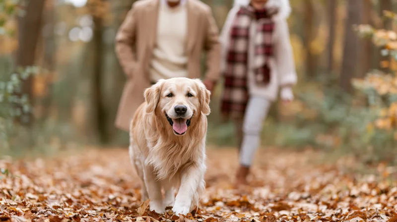 Golden retriever trotting toward camera with tongue out in autumn forest, couple walking behind on leaf-covered path