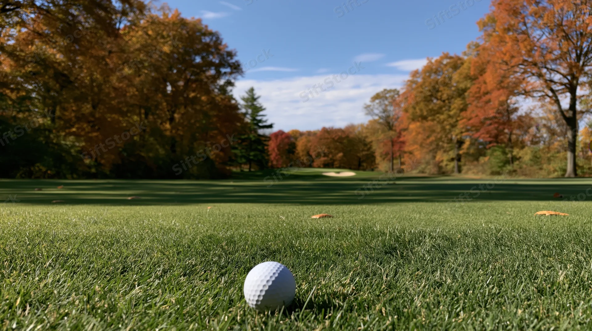 Golf ball resting on a manicured fairway leading toward a distant sandtrap under autumn trees