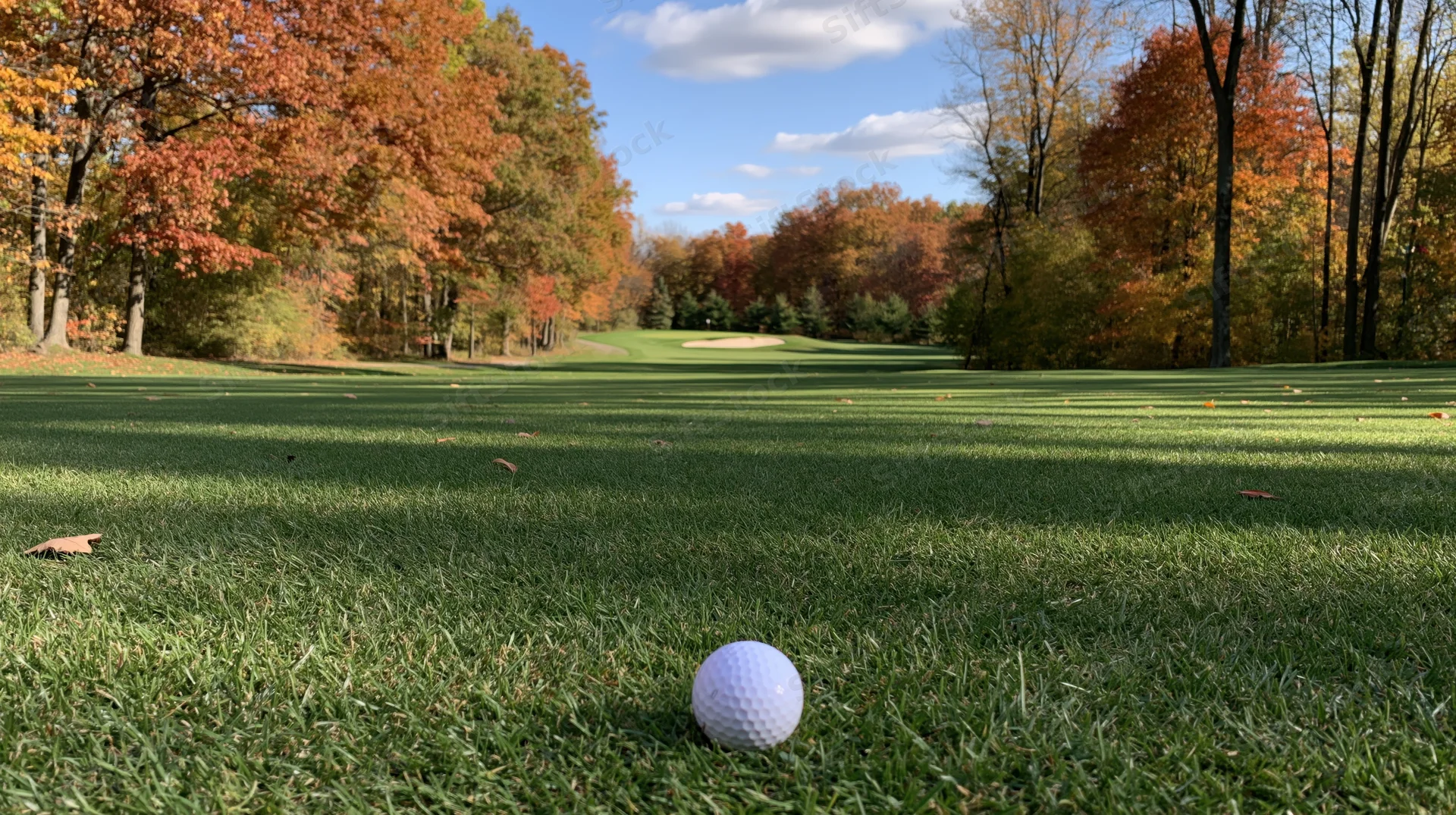 Golf ball resting on a manicured fairway lined with autumn trees under a blue sky