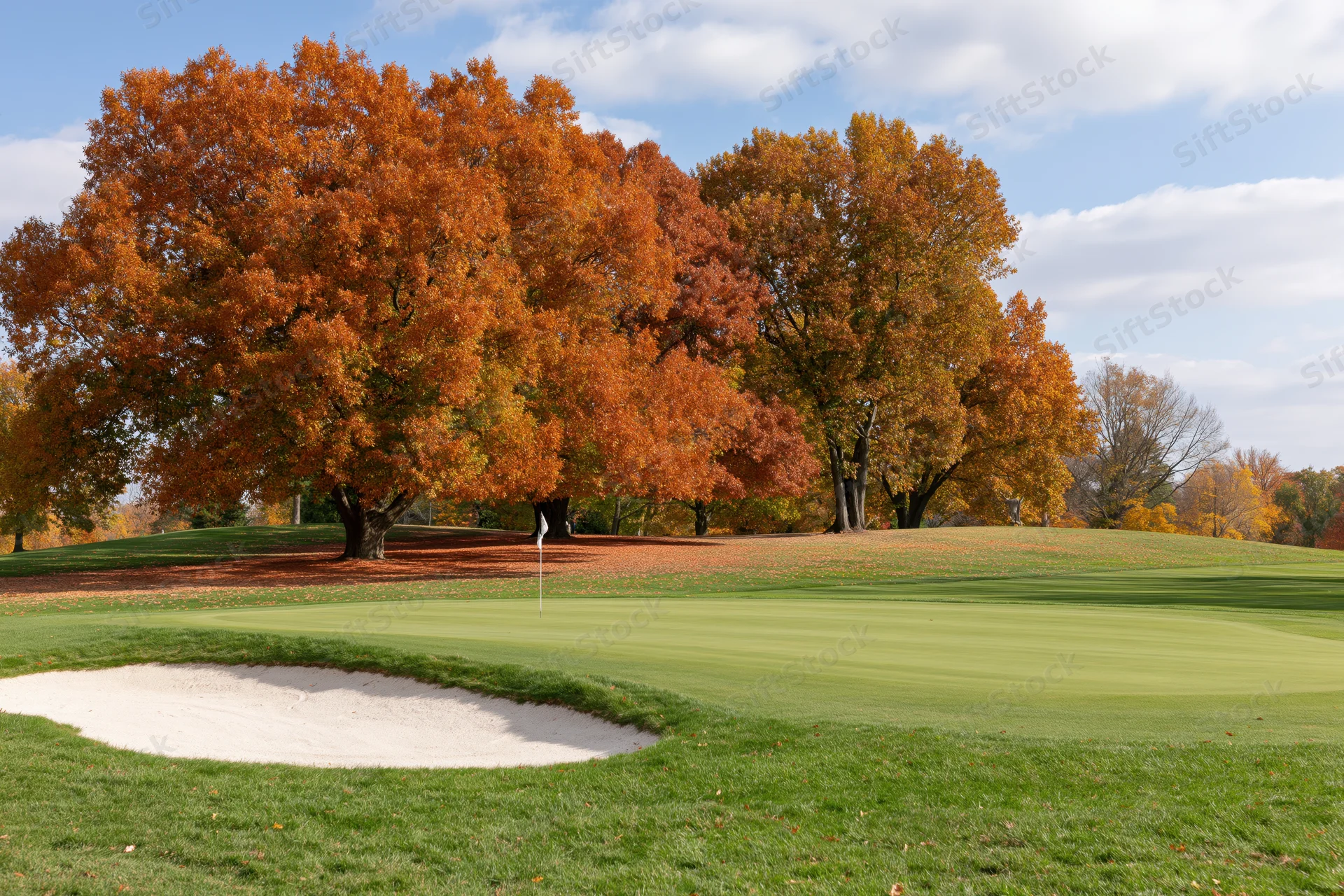 Golf course green with sand bunker and white flag pin surrounded by autumn trees under a partly cloudy sky