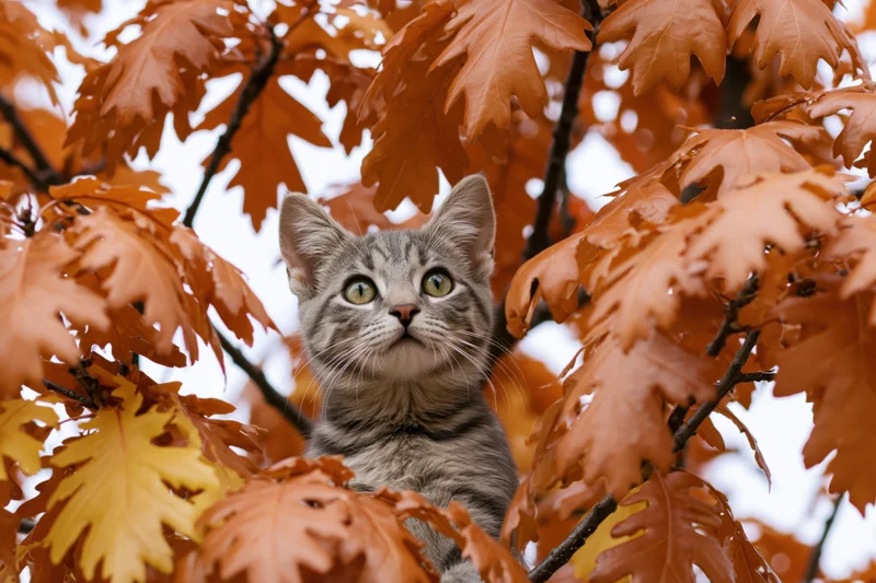 Grey tabby kitten looking up among orange oak leaves in autumn tree