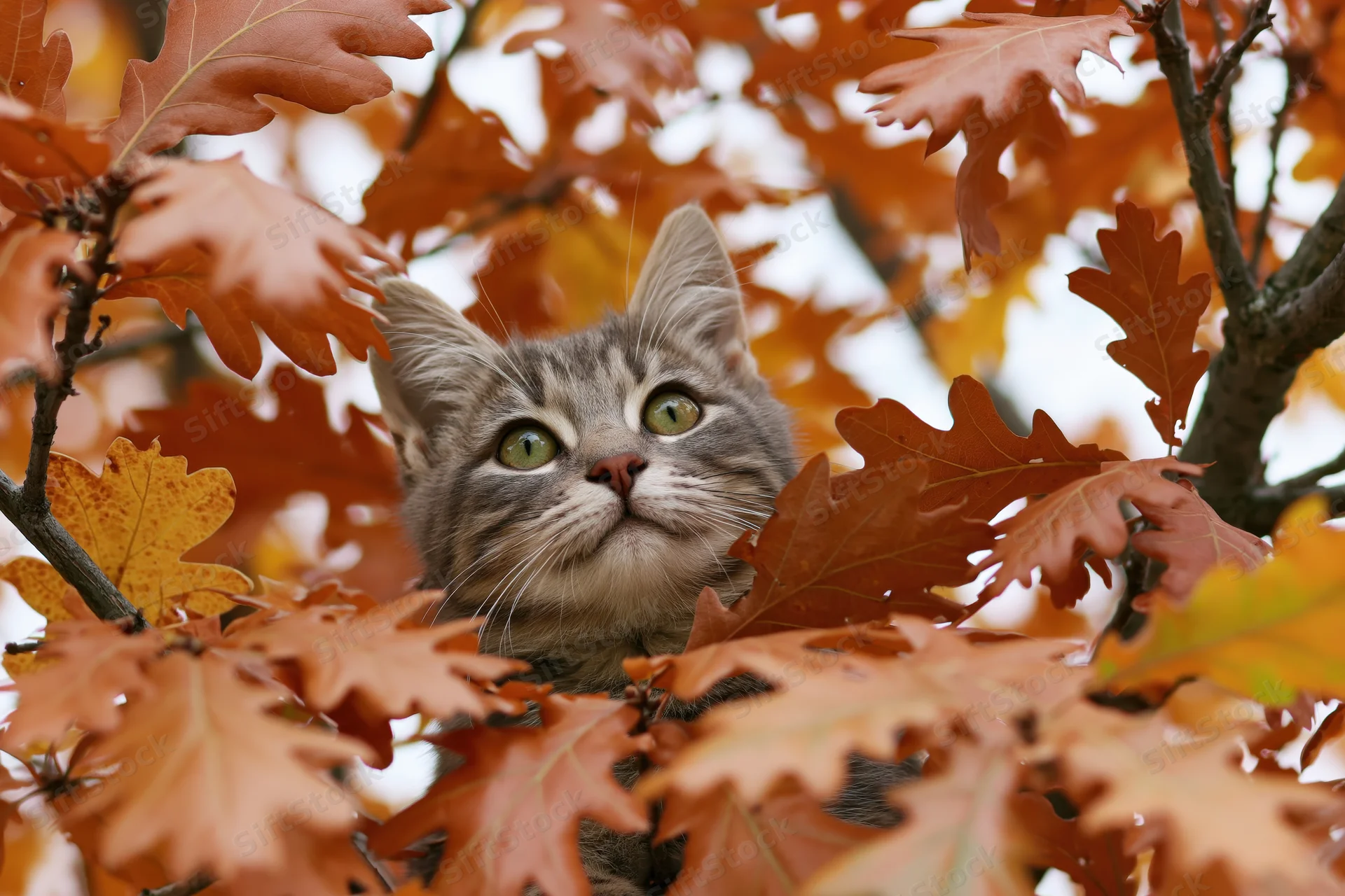 Gray tabby kitten peeking through autumn oak leaves in a tree