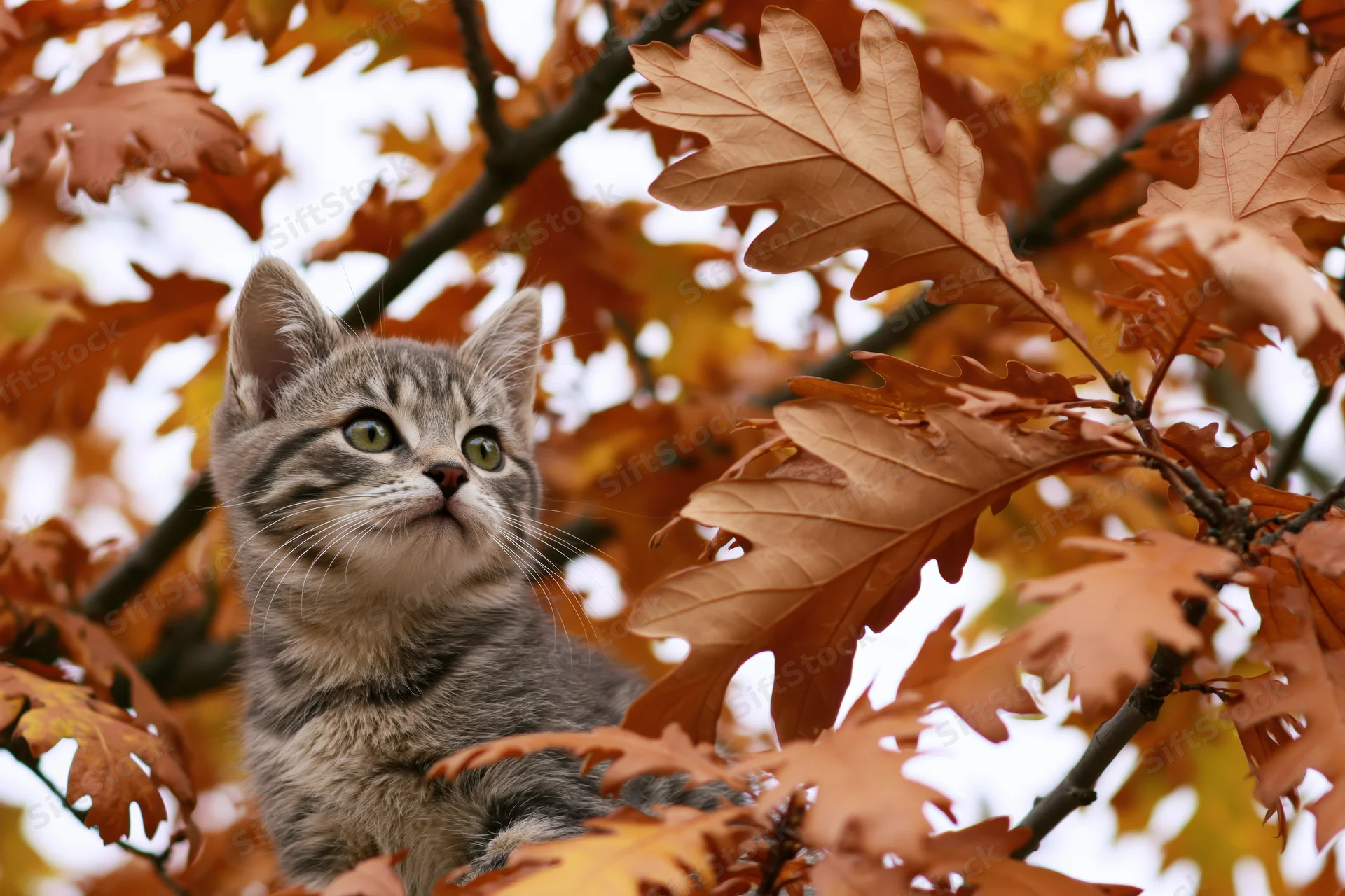 Grey tabby kitten perched among oak branches looking upward through autumn foliage