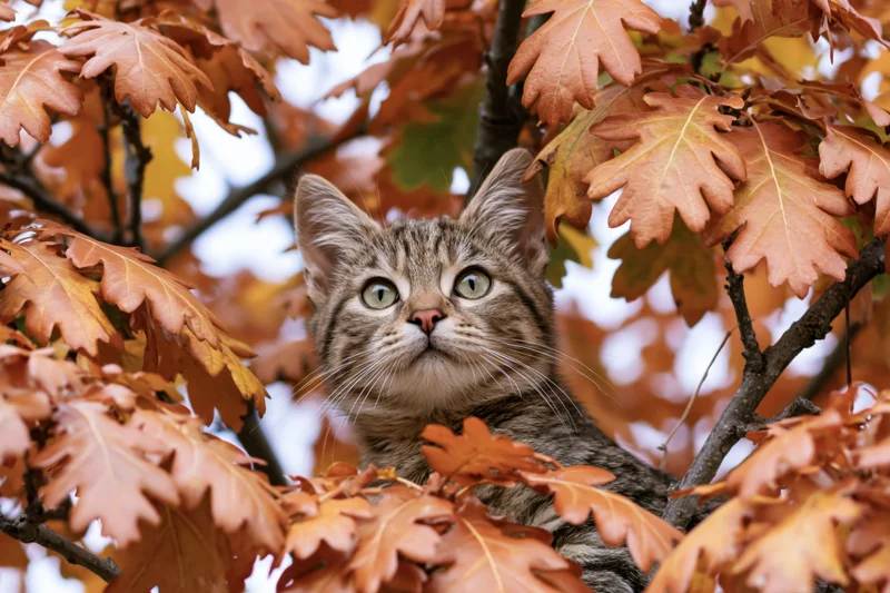 Grey tabby kitten perched among oak tree branches looking upward through autumn leaves
