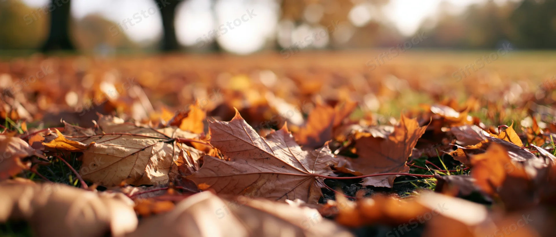 Fallen maple leaves covering grass in a park during autumn