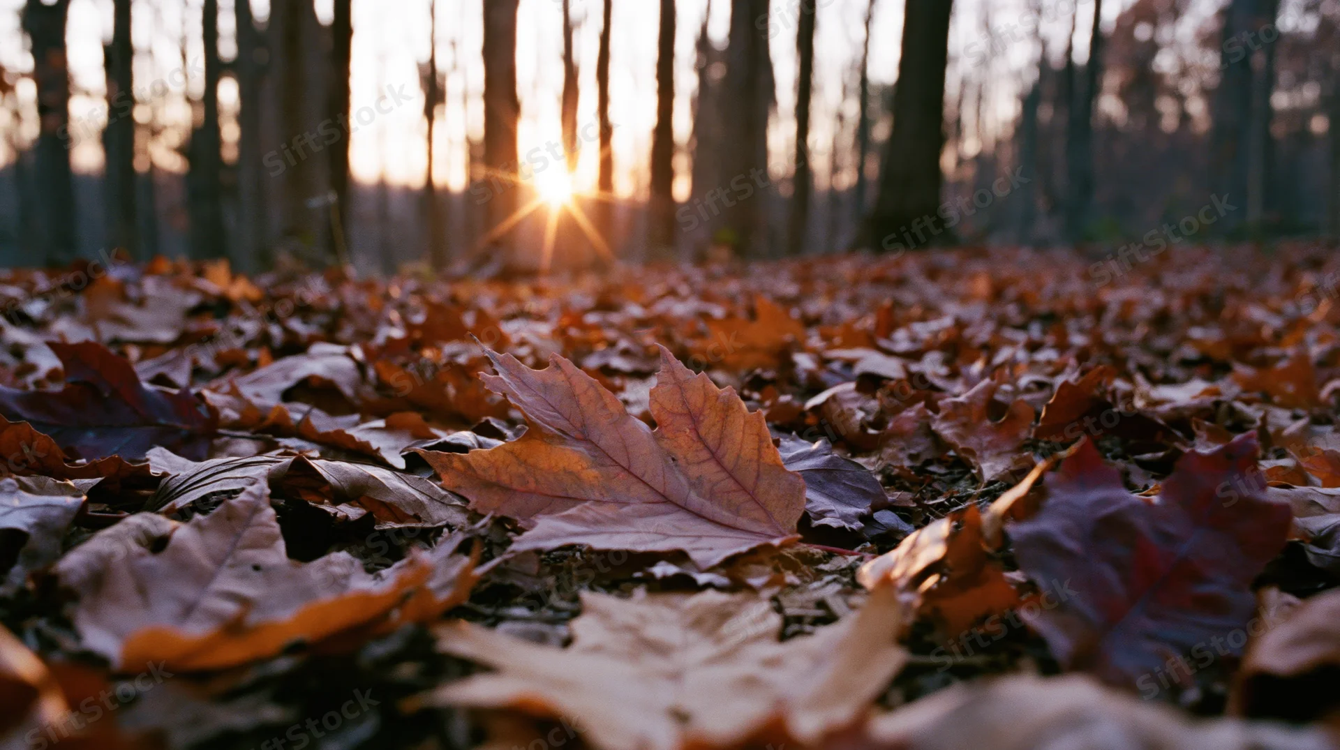 Fallen autumn leaves covering forest floor with sunlight filtering through trees at sunset
