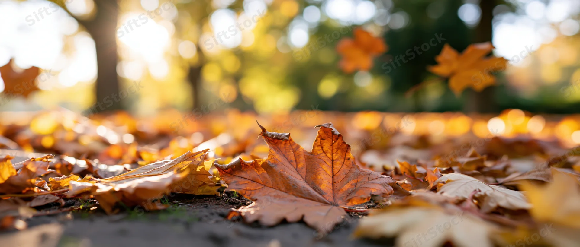 Fallen maple leaves covering a park ground in autumn sunlight