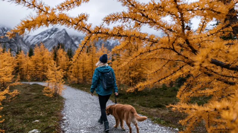 Woman hiking with dog on gravel trail through golden larch forest in mountains