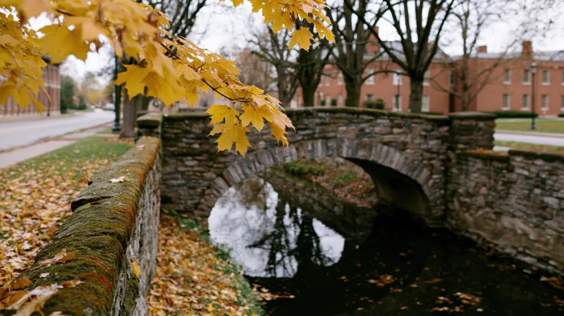 Stone arch bridge over a narrow canal with autumn leaves and mossy walls on a university campus