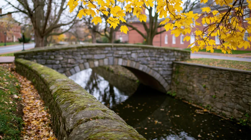 Stone arch bridge over narrow canal in urban park during autumn with yellow leaves and mossy walls